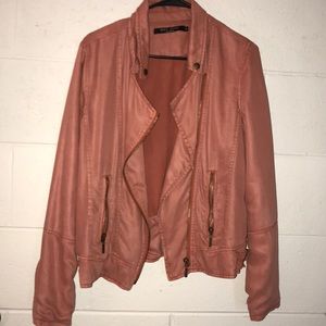 Rusty pink faux leather jacket.
